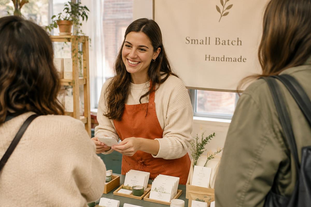 A volunteer helping customers at a small business stall